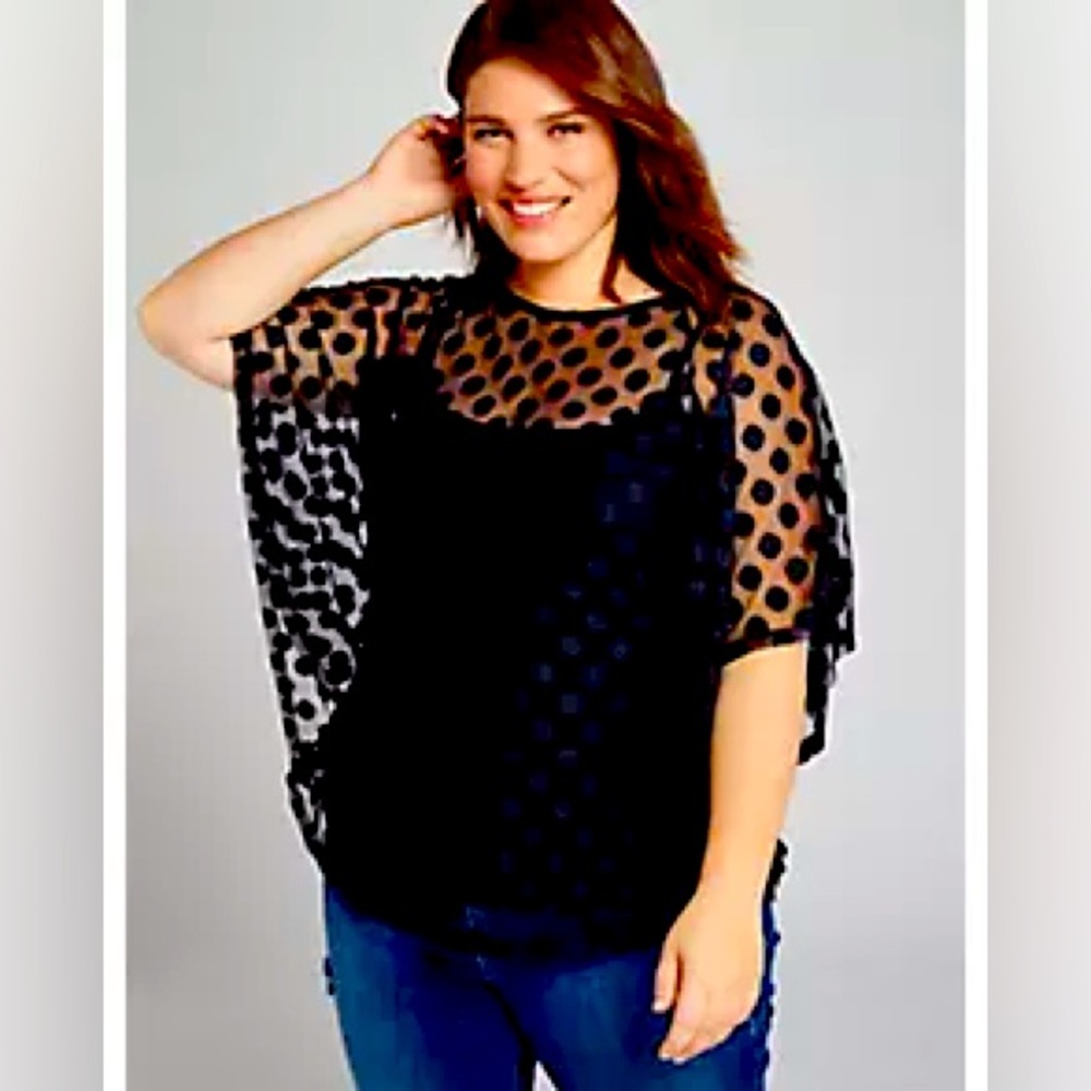 Black Cascading Ruffle Mesh Top Polka Dot Sheer lane Bryant